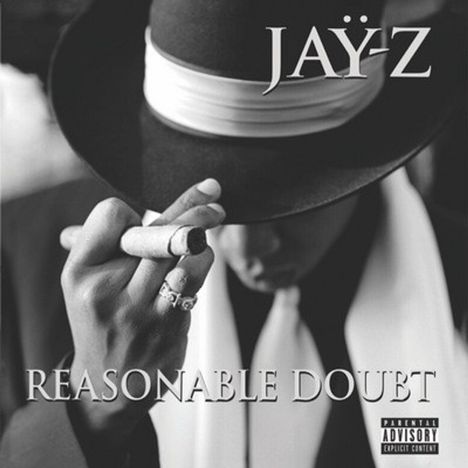 "JAY-Z", "REASONABLE DOUBT"; Mann mit Hut und Zigarren, Hand mit Ring vor Gesicht.