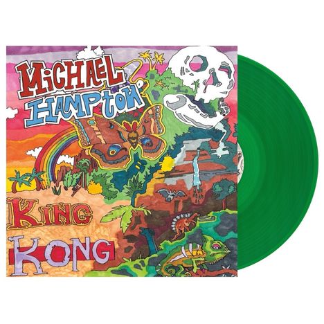 "Michael Hampton King Kong", bunte Landschaft mit Schmetterling, Regenbogen, Totenkopf und Dinosaurier; grünes Vinyl.