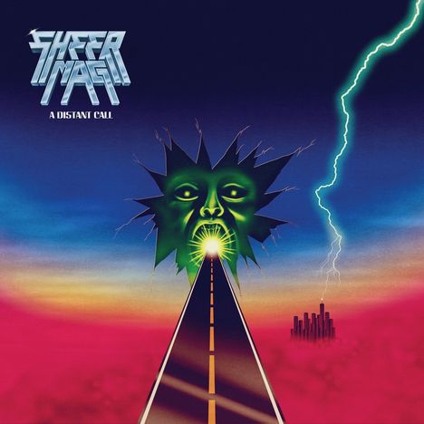 "Sheer Mag", "A Distant Call". Eine futuristische Illustration mit einem grünen Gesicht, einer Straße und einem Blitz.