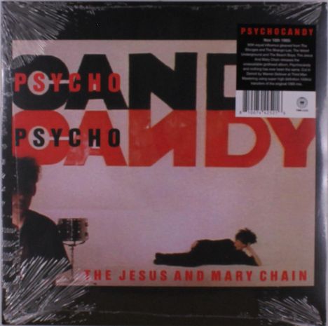 Text: "PSYCHO CANDY", "THE JESUS AND MARY CHAIN". Design: Person liegt auf der Seite, klare, kräftige Farben.