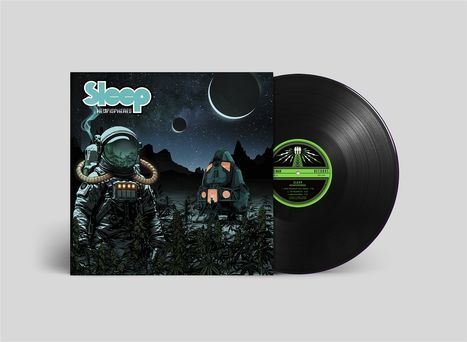 "SLEEP HEMISPHERES" auf dem Cover einer Vinyl-Schallplatte, Illustration von Astronauten in einer kosmischen Landschaft.