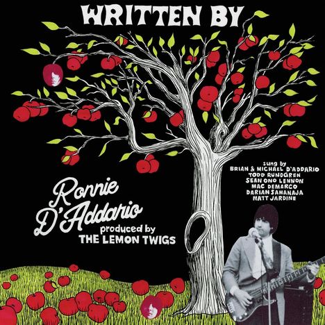 "Written by Ronnie D'Addario, produced by The Lemon Twigs; Names: Brian & Michael D'Addario, Todd Rundgren, Sean Ono Lennon. Illustration eines Apfelbaums mit roten Früchten und Mann mit Gitarre."
