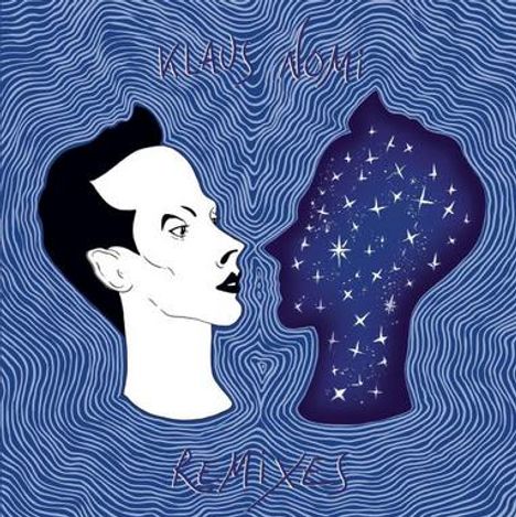 „Klaus Nomi Remixes“. Zwei Profilansichten, eine mit hellem Gesicht und die andere voller Sterne auf blauem Hintergrund.