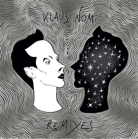 „Klaus Nomi Remixes“, Illustration: Ein weißes Gesicht, gegenüber ein sternenbesetzter Schattenkopf, wellige Linien im Hintergrund.