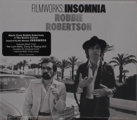 Text: "FILMWORKS: INSOMNIA", "ROBBIE ROBERTSON", "Music From Robbie Robertson...", "Inspired by His Memoir INSOMNIA". Zwei Männer, Palmen im Hintergrund.