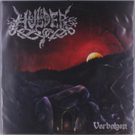 Im oberen Bereich steht "Hulder" in einem verzierten Schriftzug, unten "Verbolgen". Hintergrund zeigt roten Himmel und Landschaft.