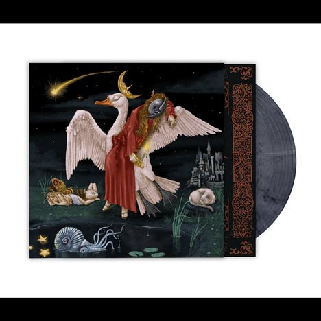 Ein Schwan mit menschlichem Begleiter, der eine Krone trägt, neben einem schlafenden Hund und einer Burg im Hintergrund.