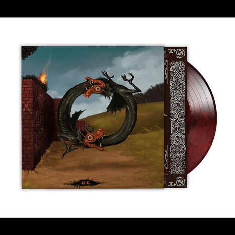 Zwei Drachen beißen sich in die Schwänze im ländlichen Hintergrund, mit brennender Mauer und Augen im Boden.