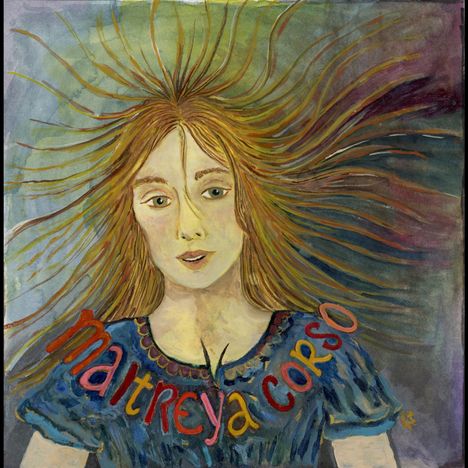Text: "Maitreya Corso". Illustration einer Person mit langem, fließendem Haar und einem blauen Oberteil.