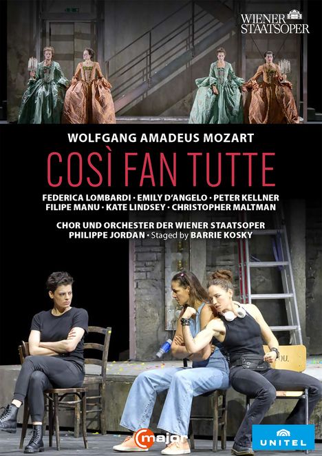 "Wolfgang Amadeus Mozart: Così fan tutte. Ensemble: Wiener Staatsoper. Szenenbild mit modernen und barocken Kostümen."