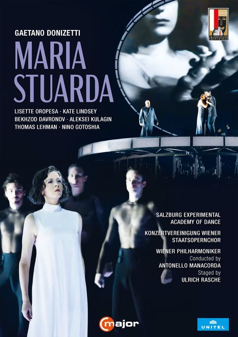 "Maria Stuarda" von Gaetano Donizetti, mit Lisette Oropesa; zeigt eine Bühne mit Darstellern in dramatischem Licht.
