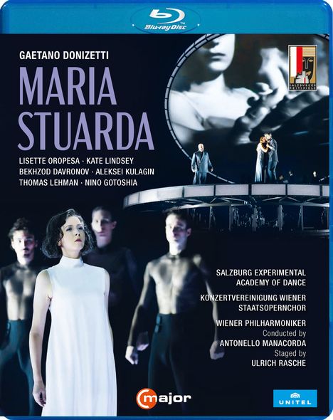Blu-ray Disc: "Gaetano Donizetti - Maria Stuarda" mit Lisette Oropesa. Darstellung einer Opernaufführung mit Tänzern.