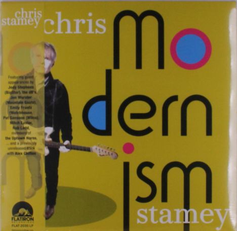 Der Text enthält "chris stamey", "modernism". Bunte Grafik mit Person und Gitarre.