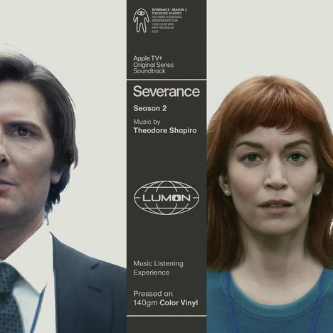 Apple TV+ Original Series Soundtrack "Severance" Season 2. Zwei Gesichter, Mann links, Frau rechts, dazwischen das Logo „LUMON“.