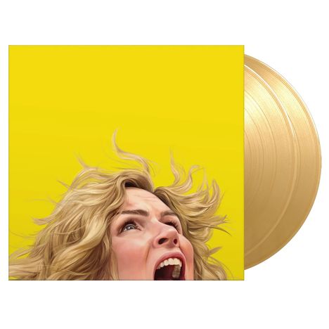 Keine sichtbaren Texte. Illustration: Gesicht mit offenen Augen und Mund, gelber Hintergrund. Goldene Platten.