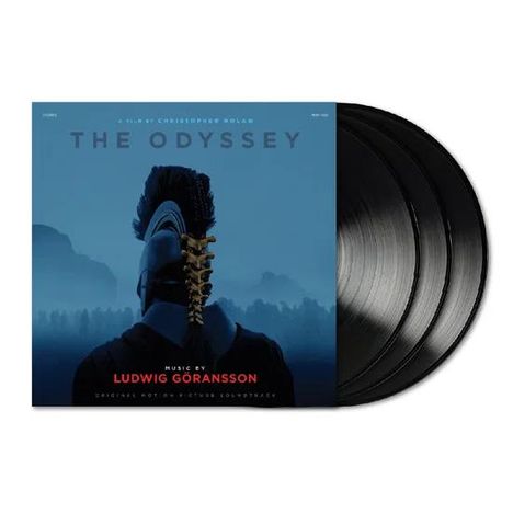 Text: "The Odyssey", "A Film by Christopher Nolan", Musik von "Ludwig Göransson". Ein Krieger mit Helm von hinten.