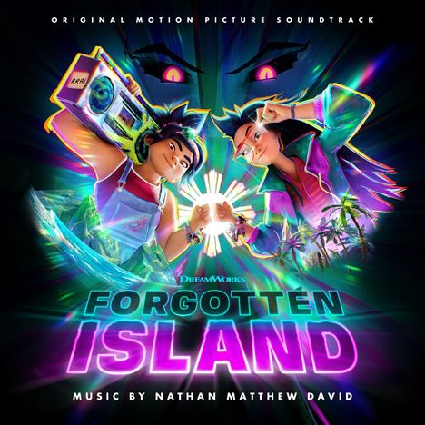 "Forgotten Island" in leuchtenden Farben, zwei Figuren mit Boombox, strahlende Fäuste, tropische Pflanzen und Augen im Hintergrund.