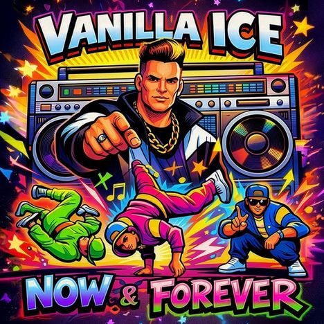 "Vanilla Ice", "Now & Forever". Illustration: Mann vor Boombox, Breakdancer, bunte Outfits, lebendige Farben.