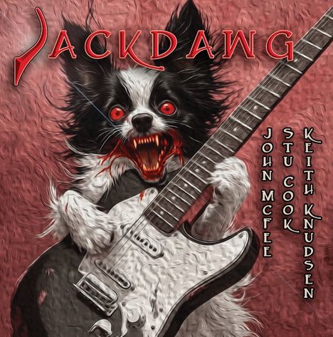 "JACKDAWG", Namen: John McFee, Stu Cook, Keith Knudsen. Illustration eines hundeähnlichen Wesens mit E-Gitarre, blutrot.