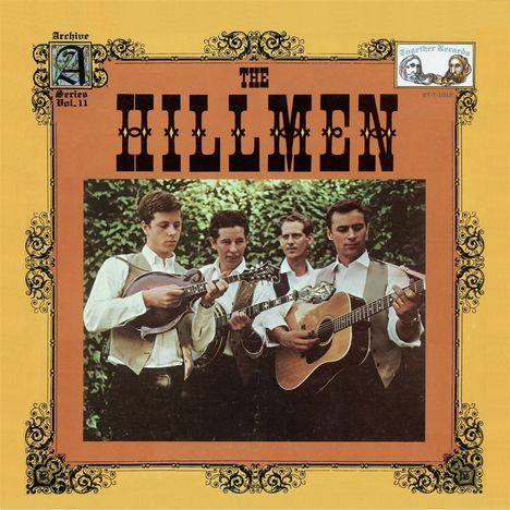 "The Hillmen" in großer Schrift. Vier Männer mit Instrumenten, Gitarre und Mandoline, vor grüner Kulisse. Vintage-Dekor.