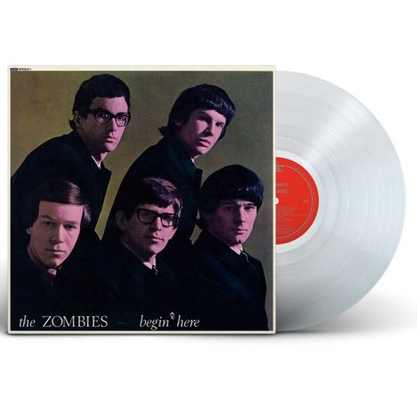 "The Zombies – begin here". Fünf Männer in dunkler Kleidung, Porträtstil. Transparentes Vinyl daneben.