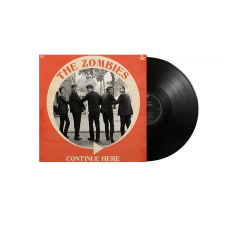 Text: "THE ZOMBIES CONTINUE HERE".  
Ein Albumcover in Rot mit einem Schwarzweißfoto von fünf Männern, ein Vinyl ist sichtbar.