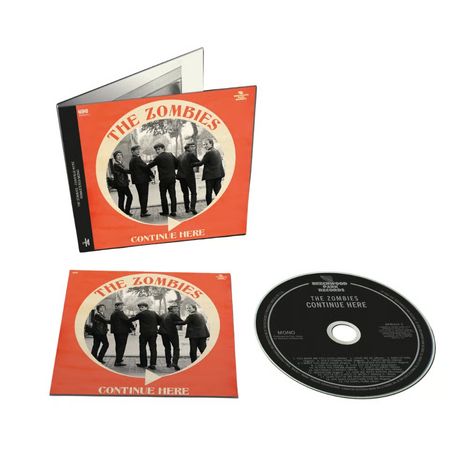 Ein CD-Cover zeigt den Titel "The Zombies - Continue Here" über einem Schwarz-Weiß-Foto von fünf Menschen in einem Kreis.