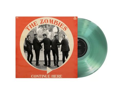 "The Zombies", "Continue Here". Retro-Cover mit fünf Männern in Anzügen, die sich im Freien an den Schultern fassen. Mintfarbene Schallplatte.