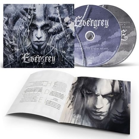 Text: "Evergrey – Architects of a New Wave." 
Illustration: Gesicht umgeben von Händen. Zwei CDs und ein aufgeschlagenes Booklet mit Text und Gesichtsabbildung.