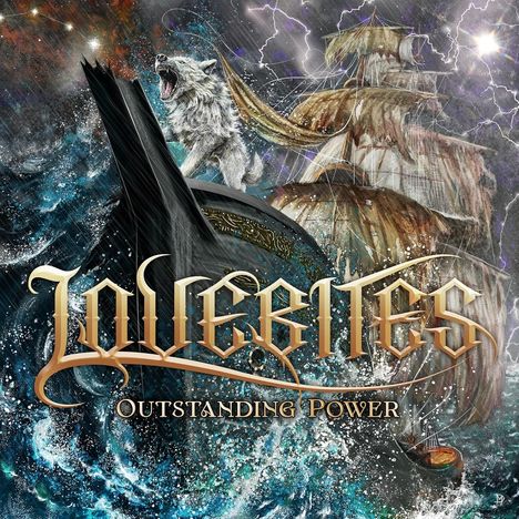 „LOVE BITES, OUTSTANDING POWER“ steht prangend vorn. Ein Wolf heult von einem Wikingerschiff, umgeben von stürmischem Meer.
