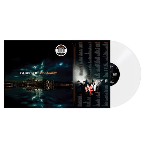 „EVA UNDER FIRE VILLAINOUS“ steht über einer Stadtansicht bei Nacht, mit Wolken und Lichtern, und einem weißen Vinyl.