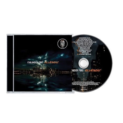 „EVA UNDER FIRE VILLAINOUS“, eine Stadtsilhouette bei Nacht, mit CD-Trackliste rechts.
