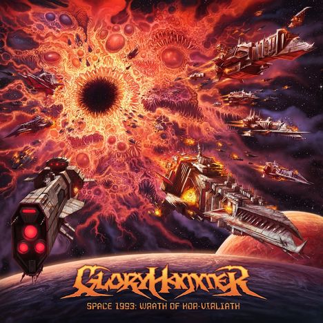 "Gloryhammer Space 1992: Wrath of Kor-Virliath". Sci-Fi-Illustration mit Raumschiffen, explosiven Farben und Planeten.