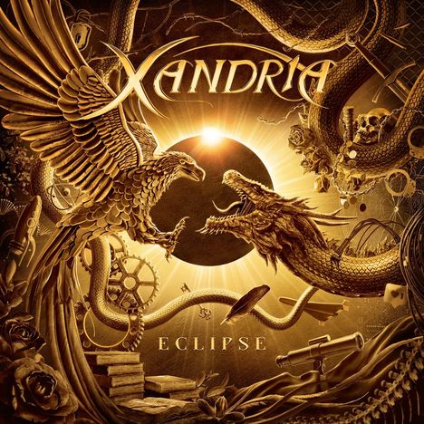 Der Text "XANDRIA" und "ECLIPSE" ist zentral, umgeben von einem Adler, einem Drachen und mechanischen Elementen in goldenen Farben.