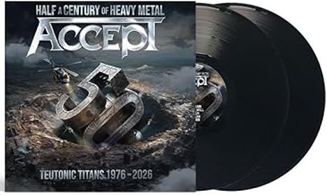 „HALF A CENTURY OF HEAVY METAL“, „ACCEPT“, „TEUTONIC TITANS 1976 - 2026“; Ein riesiges 50-Logo in kraterähnlicher Landschaft.