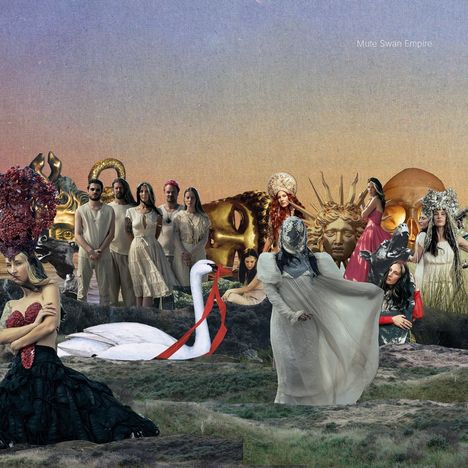 „Mute Swan Empire“ steht in der oberen rechten Ecke. Das Bild zeigt Menschen in eleganter Kleidung, Masken und antiken Skulpturen.