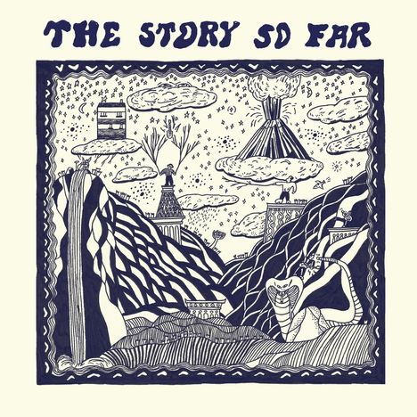 "The Story So Far" in großen Buchstaben. Illustration: Berge, Wasserfall, Vulkan, Schlange, Bäume und Wolken in Schwarz-Weiß.