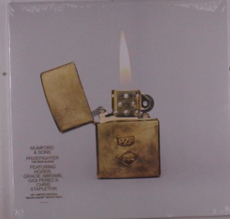 „Mumford & Sons“, „Prizefighter“, Goldfarbenes Feuerzeug mit Flamme, Textdetails zu Album und beteiligten Künstlern.