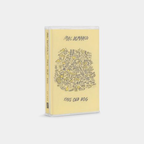 "Mac DeMarco", "This Old Dog". Verspielte, gelbe Skizzen mit verschiedenen kleinen Motiven und Kritzeleien auf gelbem Hintergrund.