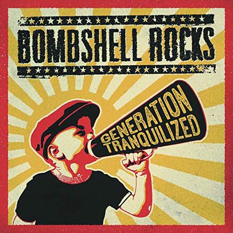 "BOMBSHELL ROCKS" oben, und "GENERATION TRANQUILIZED" auf Megafon. Kind in Mütze mit Megafon, Sonnenstrahlen-Hintergrund. Vintage-Stil.
