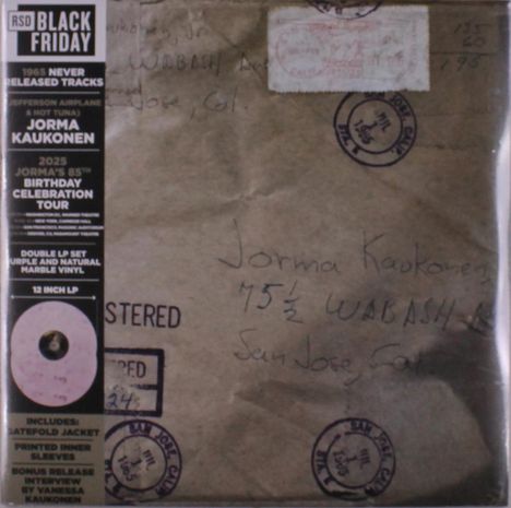 "BLACK FRIDAY" und handgeschrieben: "Jorma Kaukonen, 75 ½ WABASH, San Jose, Cal." Ein Couvert mit Stempeln und Aufklebern.