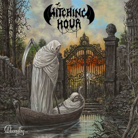 "WITCHING HOUR" darüber, "Descending..." unten. Illustration eines Sensenmanns in einem Boot vor einem Tor bei Sonnenuntergang.