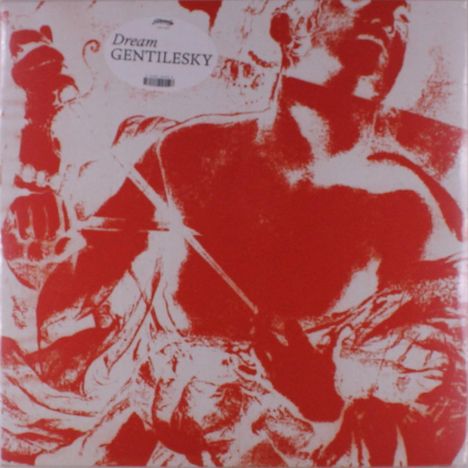 Text: "Dream GENTILESKY" auf einem Sticker. Rötliche Darstellung einer kämpfenden Figur.
