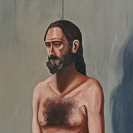 Illustration eines bärtigen Mannes mit langen Haaren. Er steht mit freiem Oberkörper vor einem neutralen Hintergrund.