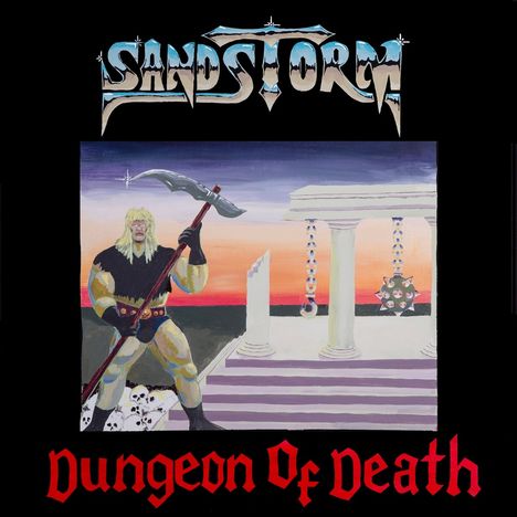 Text: "SANDSTORM", "Dungeon Of Death". Illustration: Muskulöser Krieger mit Axt vor antiker Säulenlandschaft.