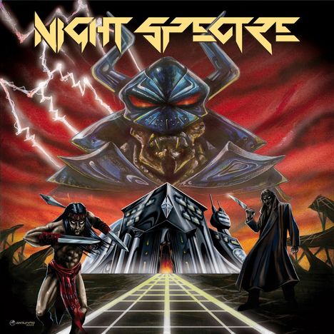 Text: "NIGHT SPECTRE". Illustration mit Krieger, unheimlichem Gesicht im Himmel, futuristischem Gebäude und Blitzen.