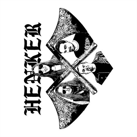 Text „HEADKR" in gotischer Schrift, darüber eine Axt-Illustration mit Porträts.