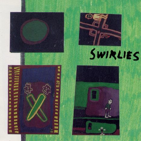 "Swirlies" steht in schwarzer Schrift. Vier abstrakte Illustrationen sind auf einem grünen Hintergrund angeordnet.