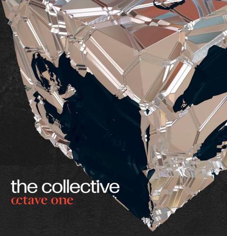 Text: "the collective octave one". Eine kristallartige Struktur in Würfelform mit Erdkarte und metallischen Facetten.
