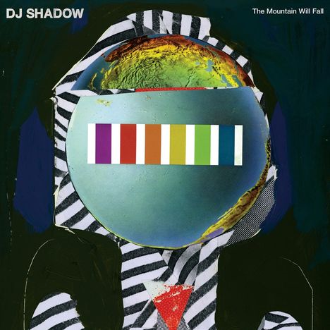 DJ SHADOW, The Mountain Will Fall. Illustration eines abstrakten Kopfes mit bunten Streifen und Erde darin.